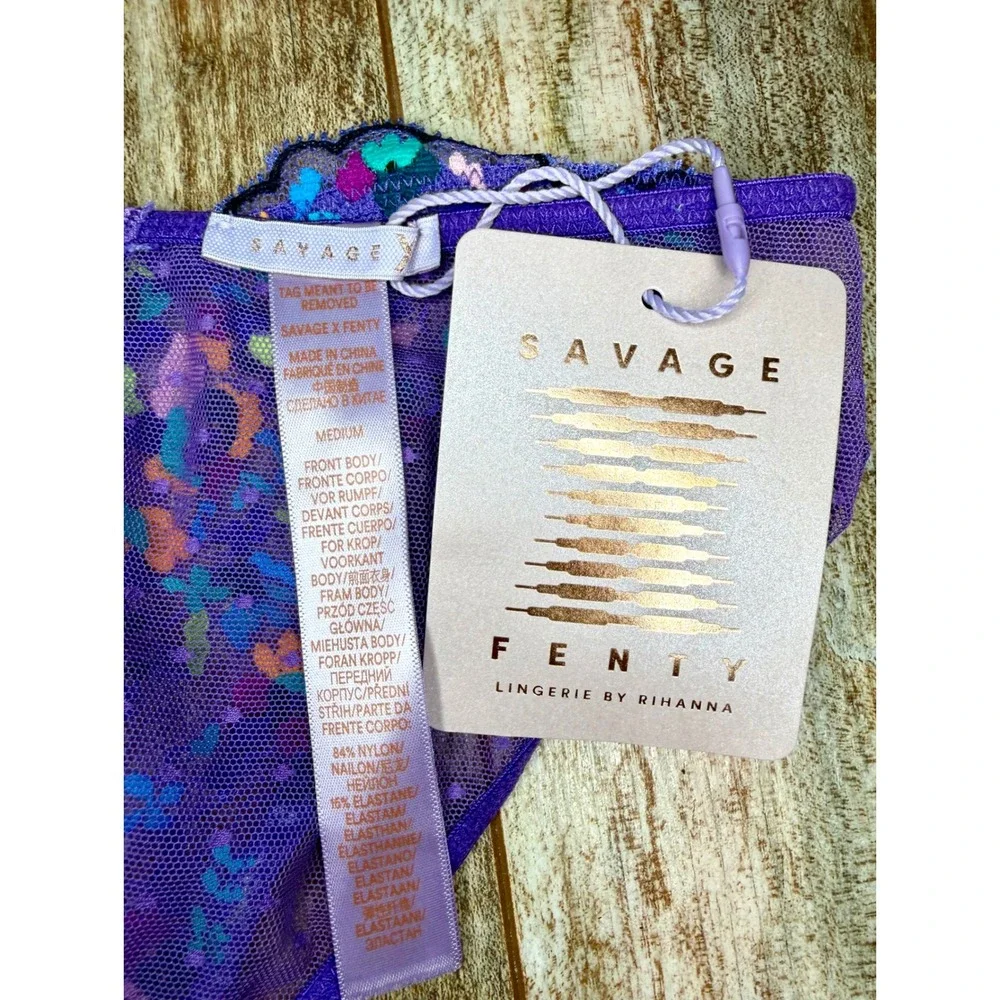 Savage X Fenty Steamy Floral Lace Bra 34B & Thong Medium Set Purple Royale